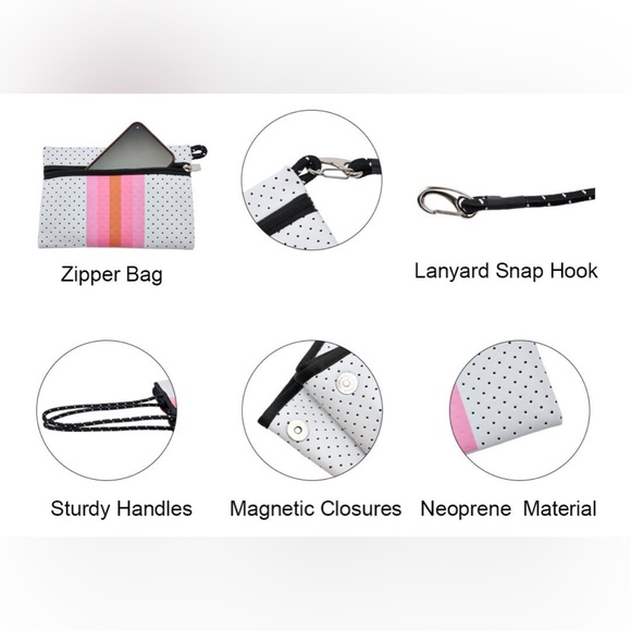 NEOPRENE TOTE, White with Pink & Orange Stripe, detachable pouch, beach tote - Picture 12 of 12